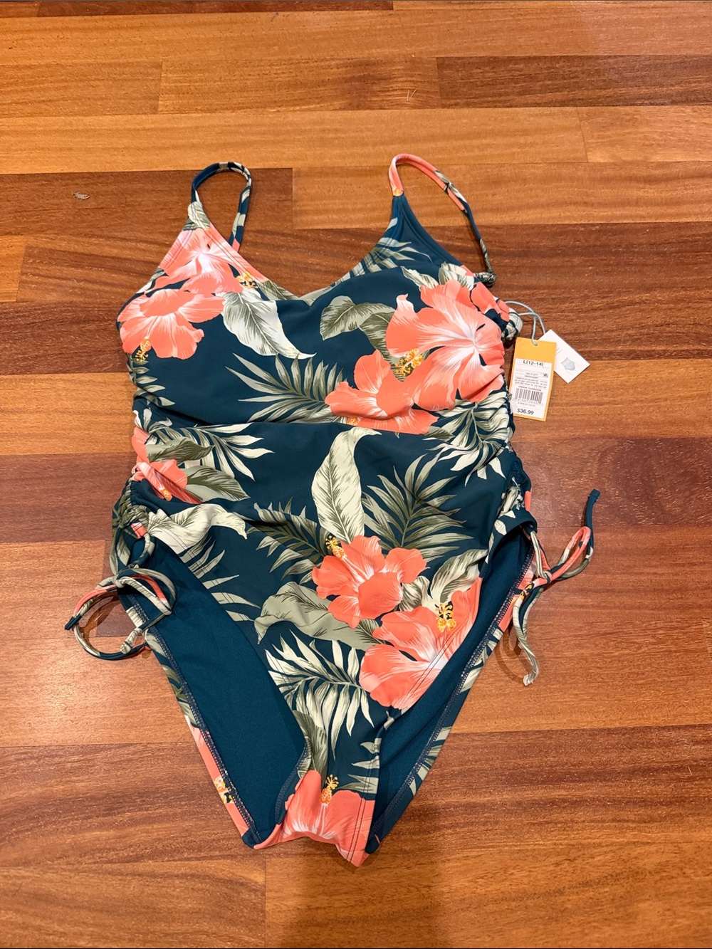 Kona Sol Navy One-Piece Swimsuit with Coral Floral Print